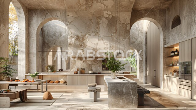 الأضواء والأنوار والأكسسوارات المنزلية، استخدام الرخام الفاخر لأثاث المطابخ، ديكور داخلي راقي لمطبخ أنيق،  التصميم العصري الفاخرة في المملكة العربية السعودية