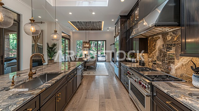 استخدام الرخام الفاخر لأثاث المطابخ،  ديكور داخلي راقي لمطبخ أنيق، الأضواء والأنوار والأكسسوارات المنزلية، التصميم العصري الفاخرة في المملكة العربية السعودية