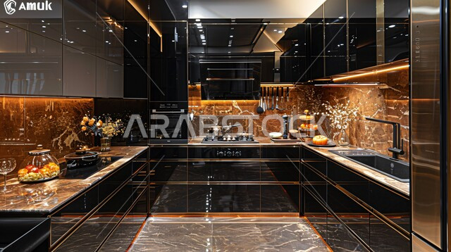 ديكور داخلي راقي لمطبخ أنيق،  استخدام الرخام الفاخر لأثاث المطابخ، الأضواء والأنوار والأكسسوارات المنزلية، التصميم العصري الفاخرة في المملكة العربية السعودية