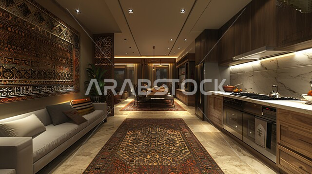 التصميم العصري الفاخرة في المملكة العربية السعودية ،  ديكور داخلي راقي لمطبخ أنيق، استخدام الرخام الفاخر لأثاث المطابخ، الأضواء والأنوار والأكسسوارات المنزلية