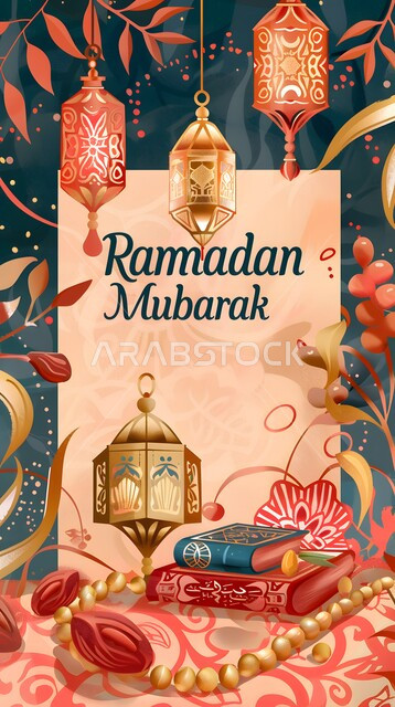 بطاقة تهنئة بقدوم شهر الخير مع عبارة رمضان مبارك باللغة الإنجليزية، اكسسوارات وتحف إسلامية تقليدية، فوانيس عربية معدنية مزخرفة مضيئة، ديكورات و زينة الأعياد و المناسبات الدينية، إضاءة و أنوار في الأجواء الرمضانية الروحانية