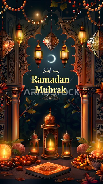 بطاقة تهنئة بقدوم شهر الخير مع عبارة رمضان مبارك باللغة الإنجليزية، اكسسوارات وتحف إسلامية تقليدية، فوانيس عربية معدنية مزخرفة مضيئة، ديكورات و زينة الأعياد و المناسبات الدينية، إضاءة و أنوار في الأجواء الرمضانية الروحانية