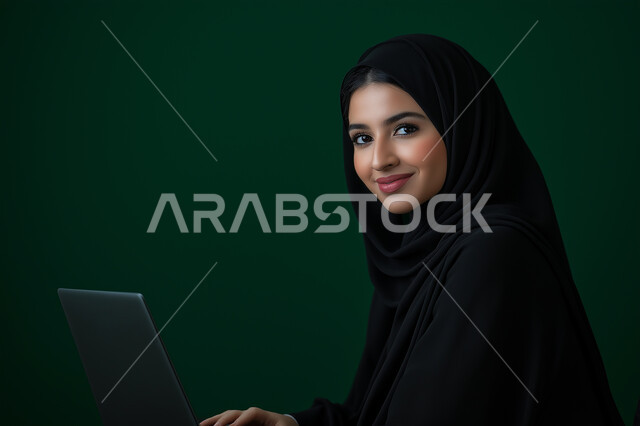 إستخدام اجهزة تقنية حديثة، بورتريه مقرب لسيدة أعمال عربية خليجية سعودية محجبة مبتسمة تقوم بانجاز مهام العمل عبر جهاز الحاسب المحمول، مفهوم إدارة المشاريع عن بعد، النظر الى الكاميرا بايماءات السرور والسعادة، خلفية خضراء