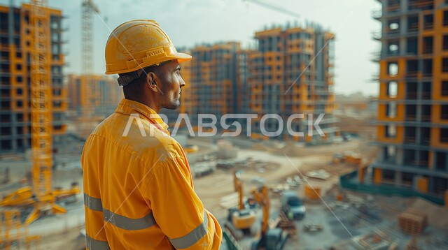 متابعة سير العمل, الإشراف على العمل بشكل مباشر, صورة لرجل عربي خليجي يرتدي سترة الأمان الصفراء والخوذة يقف في موقع الإنشاء, مشاريع وخطط إنشائية معمارية حديثة, مواقع البناء والعمل على المشروع
