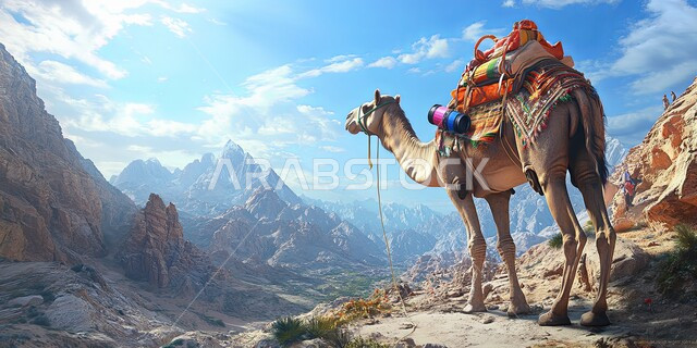 الاهتمام في تربية الجمال و الإبل، صورة مقربة لحيوان الجمل يقف وسط صحراء المملكة العربية السعودية، الكثبان الرملية و المناطق الصحراوية، مفهوم رعاية المواشي والثدييات، المناظر الطبيعية في الصحاري