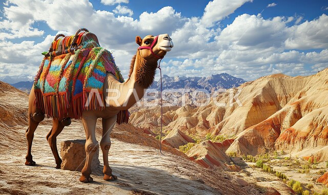 الاهتمام في تربية الجمال و الإبل، صورة مقربة لحيوان الجمل يقف وسط صحراء المملكة العربية السعودية، الكثبان الرملية و المناطق الصحراوية، مفهوم رعاية المواشي والثدييات، المناظر الطبيعية في الصحاري