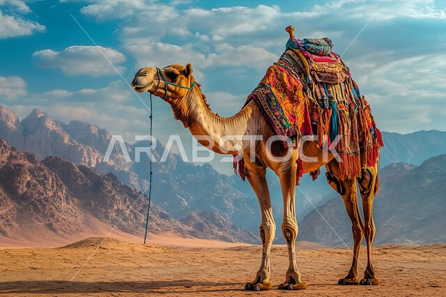 الاهتمام في تربية الجمال و الإبل، صورة مقربة لحيوان الجمل يقف وسط صحراء المملكة العربية السعودية، الكثبان الرملية و المناطق الصحراوية، مفهوم رعاية المواشي والثدييات، المناظر الطبيعية في الصحاري