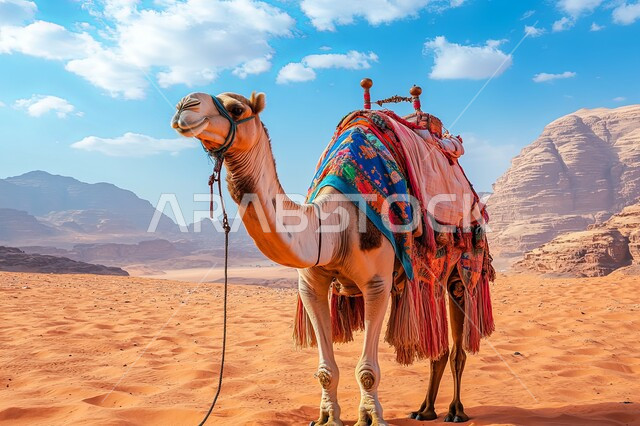 الاهتمام في تربية الجمال و الإبل، صورة مقربة لحيوان الجمل يقف وسط صحراء المملكة العربية السعودية، الكثبان الرملية و المناطق الصحراوية، مفهوم رعاية المواشي والثدييات، المناظر الطبيعية في الصحاري