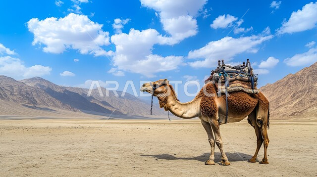 الاهتمام في تربية الجمال و الإبل، صورة مقربة لحيوان الجمل يقف وسط صحراء المملكة العربية السعودية، الكثبان الرملية و المناطق الصحراوية، مفهوم رعاية المواشي والثدييات، المناظر الطبيعية في الصحاري