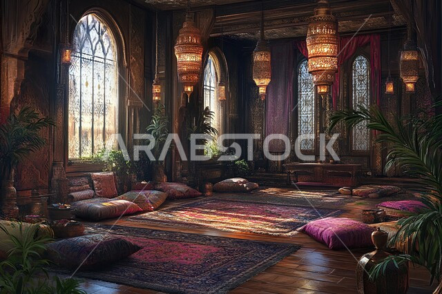 الفن الهندسي المعماري المزخرف على الطراز التقليدي للجلسات الشعبية, ديكورات أثرية عريقة في المملكة العربية السعودية, التمسك بالعادات والتقاليد العربية الغنية بالثقافة القديمة, تصاميم المجلس السعودي بأثاث وزخارف جدارية معقدة في المنازل والشقق السكنية