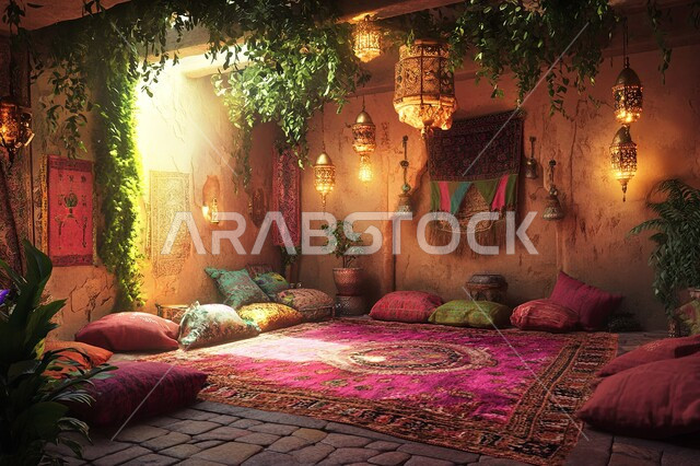 الفن الهندسي المعماري المزخرف على الطراز التقليدي للجلسات الشعبية, ديكورات أثرية عريقة في المملكة العربية السعودية, التمسك بالعادات والتقاليد العربية الغنية بالثقافة القديمة, تصاميم المجلس السعودي بأثاث وزخارف جدارية معقدة في المنازل والشقق السكنية