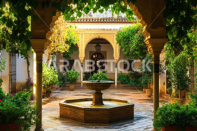 تصاميم وديكورات عصرية مميزة للجلسات الخارجية، الاهتمام في زراعه النباتات و الأشجار الخضراء في حديقة المنازل السكنية، الفنون الهندسية المعمارية للشقق و الفلل في المملكة العربية السعودية، الفن الهندسي المعماري في تصميم الفناء الشعبي مع نافورة الماء