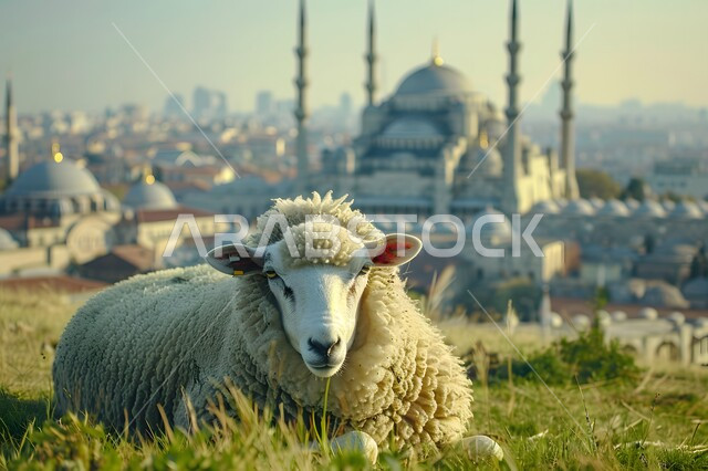  الفن المعماري في تصميم المساجد القديمة, خاروف الاضحية امام مسجد عريق له قبب ومآذن عالية, أماكن العبادة والصلاة والخشوع عند المسلمين, الأعياد الإسلامية المباركة, قربان عيد الأضحى، محميات طبيعية لتربية الاغنام