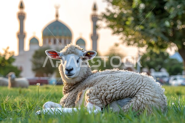 Architectural art in the design of ancient mosques, sacrificial sheep in front of an ancient mosque with high domes and minarets, places of worship, prayer and reverence for Muslims, blessed Islamic holidays, Eid al-Adha sacrifice, natural reserves for raising sheep