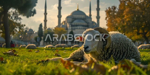  الفن المعماري في تصميم المساجد القديمة, خاروف الاضحية امام مسجد عريق له قبب ومآذن عالية, أماكن العبادة والصلاة والخشوع عند المسلمين, الأعياد الإسلامية المباركة, قربان عيد الأضحى، محميات طبيعية لتربية الاغنام