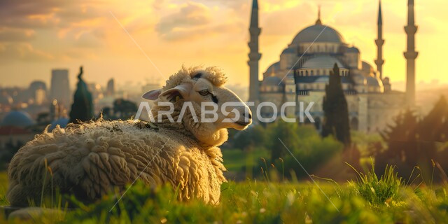  الفن المعماري في تصميم المساجد القديمة, خاروف الاضحية امام مسجد عريق له قبب ومآذن عالية, أماكن العبادة والصلاة والخشوع عند المسلمين, الأعياد الإسلامية المباركة, قربان عيد الأضحى، محميات طبيعية لتربية الاغنام