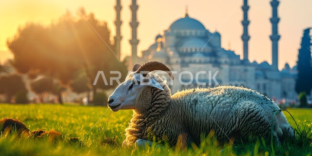  الفن المعماري في تصميم المساجد القديمة, خاروف الاضحية امام مسجد عريق له قبب ومآذن عالية, أماكن العبادة والصلاة والخشوع عند المسلمين, الأعياد الإسلامية المباركة, قربان عيد الأضحى، محميات طبيعية لتربية الاغنام