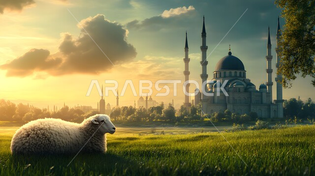 أماكن العبادة والصلاة والخشوع عند المسلمين, الفن المعماري في تصميم المساجد القديمة, خاروف الاضحية امام مسجد عريق له قبب ومآذن عالية,  الأعياد الإسلامية المباركة, قربان عيد الأضحى، محميات طبيعية لتربية الاغنام