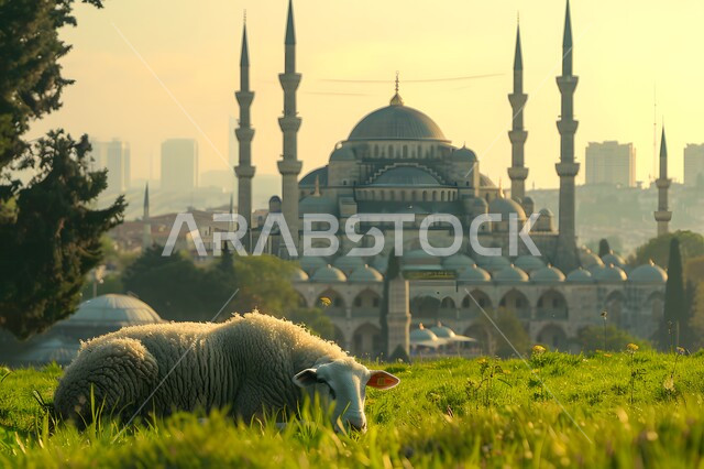أماكن العبادة والصلاة والخشوع عند المسلمين, الفن المعماري في تصميم المساجد القديمة, خاروف الاضحية امام مسجد عريق له قبب ومآذن عالية,  الأعياد الإسلامية المباركة, قربان عيد الأضحى، محميات طبيعية لتربية الاغنام