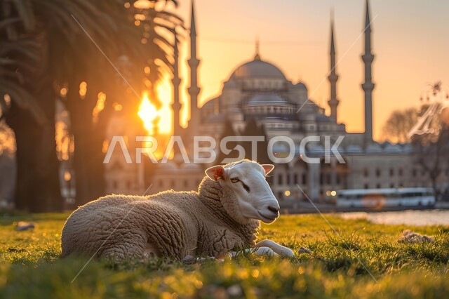 أماكن العبادة والصلاة والخشوع عند المسلمين, الفن المعماري في تصميم المساجد القديمة, خاروف الاضحية امام مسجد عريق له قبب ومآذن عالية,  الأعياد الإسلامية المباركة, قربان عيد الأضحى، محميات طبيعية لتربية الاغنام
