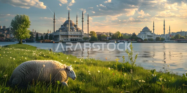 Blessed Islamic holidays, Eid al-Adha sacrifice, places of worship, prayer and reverence among Muslims, architectural art in the design of ancient mosques, sacrificial sheep in front of an ancient mosque with high domes and minarets, natural reserves for raising sheep