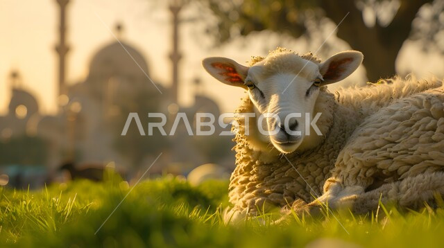 الأعياد الإسلامية المباركة, قربان عيد الأضحى، أماكن العبادة والصلاة والخشوع عند المسلمين, الفن المعماري في تصميم المساجد القديمة, خاروف الاضحية امام مسجد عريق له قبب ومآذن عالية، محميات طبيعية لتربية الاغنام