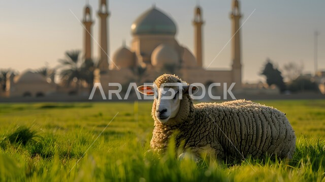 الأعياد الإسلامية المباركة, قربان عيد الأضحى، أماكن العبادة والصلاة والخشوع عند المسلمين, الفن المعماري في تصميم المساجد القديمة, خاروف الاضحية امام مسجد عريق له قبب ومآذن عالية، محميات طبيعية لتربية الاغنام