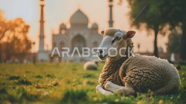 الأعياد الإسلامية المباركة, قربان عيد الأضحى، أماكن العبادة والصلاة والخشوع عند المسلمين, الفن المعماري في تصميم المساجد القديمة, خاروف الاضحية امام مسجد عريق له قبب ومآذن عالية، محميات طبيعية لتربية الاغنام