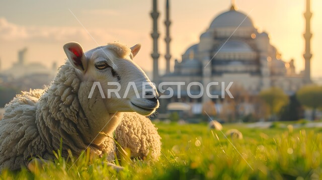 الأعياد الإسلامية المباركة, قربان عيد الأضحى، أماكن العبادة والصلاة والخشوع عند المسلمين, الفن المعماري في تصميم المساجد القديمة, خاروف الاضحية امام مسجد عريق له قبب ومآذن عالية، محميات طبيعية لتربية الاغنام