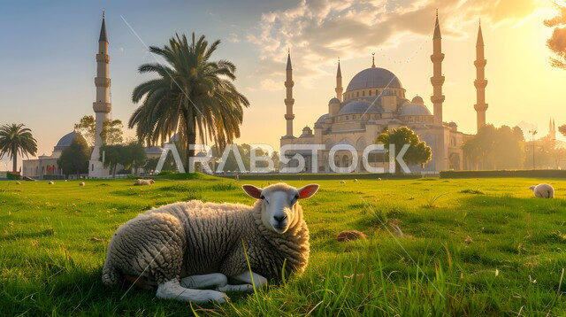 الأعياد الإسلامية المباركة, قربان عيد الأضحى، أماكن العبادة والصلاة والخشوع عند المسلمين, الفن المعماري في تصميم المساجد القديمة, خاروف الاضحية امام مسجد عريق له قبب ومآذن عالية، محميات طبيعية لتربية الاغنام