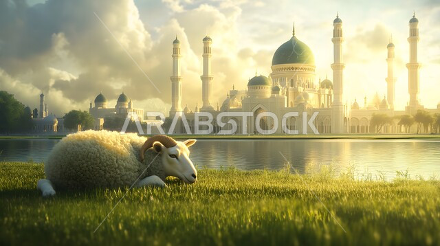 الأعياد الإسلامية المباركة, قربان عيد الأضحى، أماكن العبادة والصلاة والخشوع عند المسلمين, الفن المعماري في تصميم المساجد القديمة, خاروف الاضحية امام مسجد عريق له قبب ومآذن عالية، محميات طبيعية لتربية الاغنام