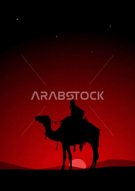 حيوان الإبل يسير فوق الكثبان الرملية في طريق السفر الصحراوي، تربية الجمال والناقات العربية في المحميات الطبيعية في البادية في المملكة العربية السعودية، الحياة البدوية الشعبية القديمة