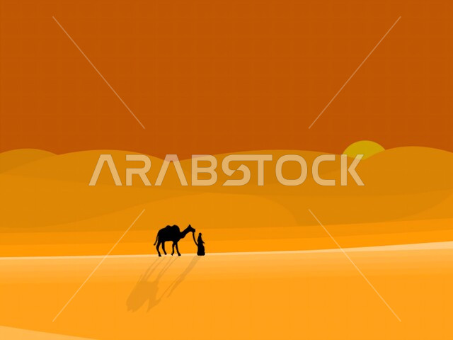 حيوان الإبل يسير فوق الكثبان الرملية في طريق السفر الصحراوي، تربية الجمال والناقات العربية في المحميات الطبيعية في البادية في المملكة العربية السعودية، الحياة البدوية الشعبية القديمة