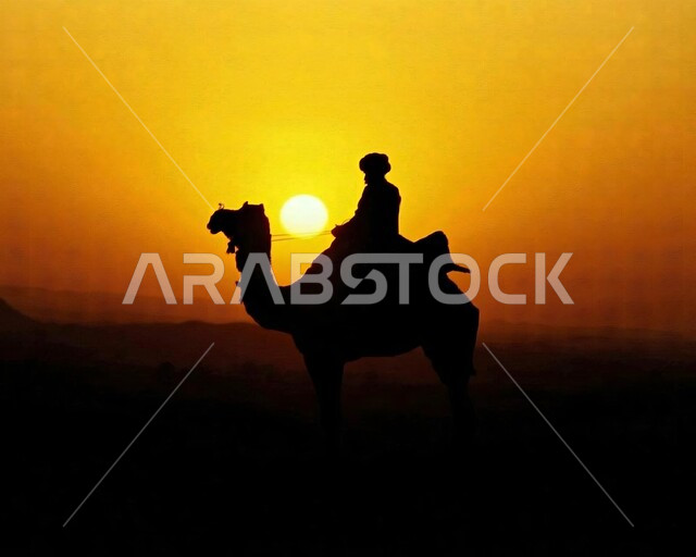 حيوان الإبل يسير فوق الكثبان الرملية في طريق السفر الصحراوي، تربية الجمال والناقات العربية في المحميات الطبيعية في البادية في المملكة العربية السعودية، الحياة البدوية الشعبية القديمة