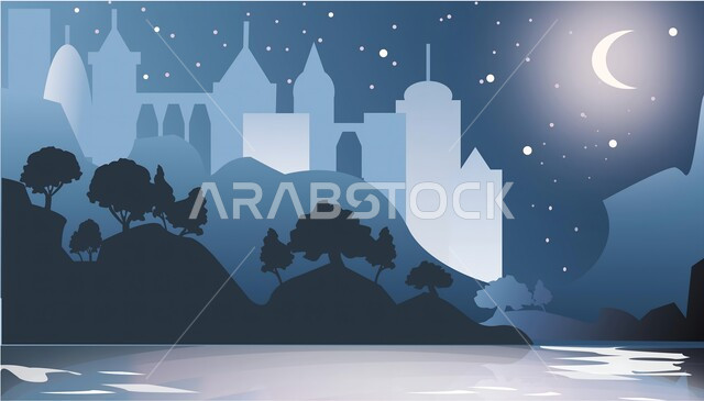 الفن الهندسي والمعماري للمساجد القديمة والحديثة، منظر طبيعي للنجوم المتناثرة في السماء، العبادة والتقرب إلى الله، خلفيات وديكورات اسلامية رمضانية، تصميم متميز لقبب ومآذن المسجد في وقت المساء