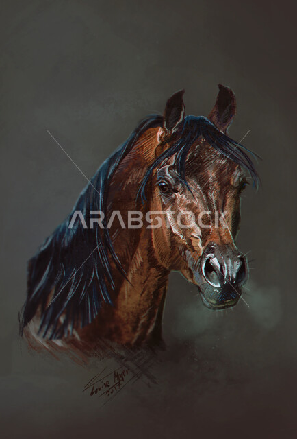 حب الخيول العربية السعودية، رمز الفروسية والشجاعه، تصاميم فنية للديكورات والمجسمات التراثية التقليدية ،مجسم ثلاثي الأبعاد لرأس حصان بني عربي اصيل ،خلفية سوداء