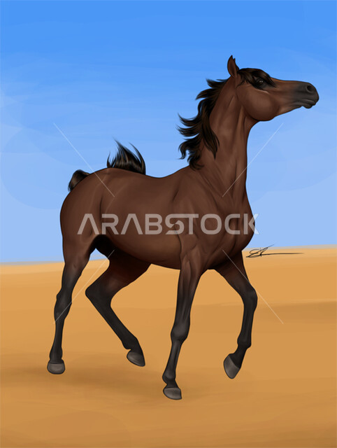 رمز الفروسية والشجاعه، تصاميم فنية للديكورات والمجسمات التراثية التقليدية ،مجسم ثلاثي الأبعاد لحصان بني عربي اصيل ،حب الخيول العربية السعودية، خلفية الطبيعة