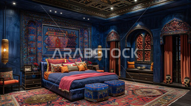 التصاميم والديكورات لغرف النوم الصممة على الطراز العربي القديم، أثاث منزلي مزخرف في إحدى القصور في المملكة العربية السعودية، شقق ومنازل فاخرة، مفهوم الهدوء والراحة والأسترخاء