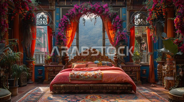 التصاميم والديكورات لغرف النوم الصممة على الطراز العربي القديم، أثاث منزلي مزخرف في إحدى القصور في المملكة العربية السعودية، شقق ومنازل فاخرة، مفهوم الهدوء والراحة والأسترخاء