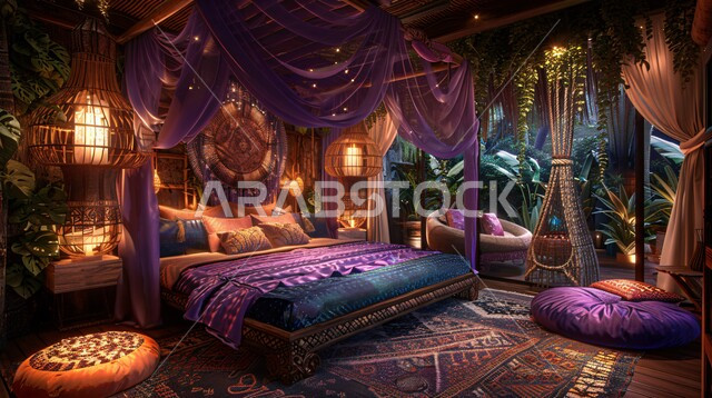 التصاميم والديكورات لغرف النوم الصممة على الطراز العربي القديم، أثاث منزلي مزخرف في إحدى القصور في المملكة العربية السعودية، شقق ومنازل فاخرة، مفهوم الهدوء والراحة والأسترخاء