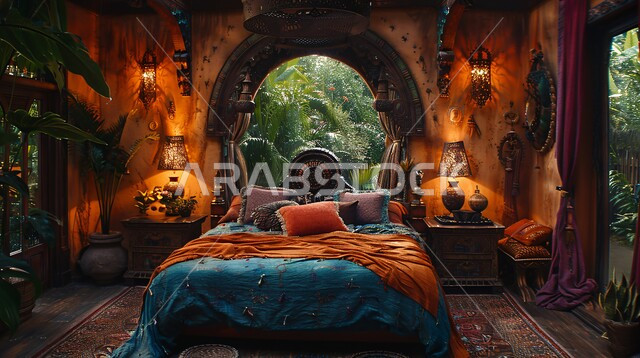 مفهوم الهدوء والراحة والأسترخاء، التصاميم والديكورات لغرف النوم الصممة على الطراز العربي القديم، أثاث منزلي مزخرف في إحدى القصور في المملكة العربية السعودية، شقق ومنازل فاخرة، فن التصميم الداخلي الراقي بألوان هادئة