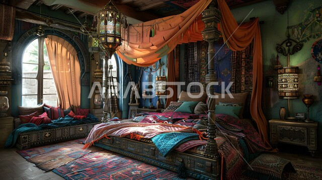 مفهوم الهدوء والراحة والأسترخاء، التصاميم والديكورات لغرف النوم الصممة على الطراز العربي القديم، أثاث منزلي مزخرف في إحدى القصور في المملكة العربية السعودية، شقق ومنازل فاخرة، فن التصميم الداخلي الراقي بألوان هادئة