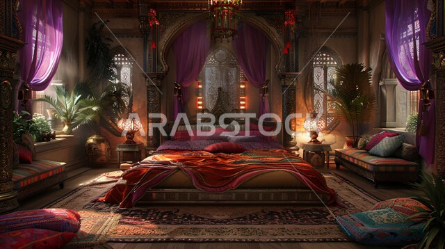 مفهوم الهدوء والراحة والأسترخاء، التصاميم والديكورات لغرف النوم الصممة على الطراز العربي القديم، أثاث منزلي مزخرف في إحدى القصور في المملكة العربية السعودية، شقق ومنازل فاخرة، فن التصميم الداخلي الراقي بألوان هادئة