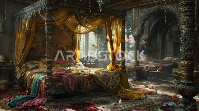 مفهوم الهدوء والراحة والأسترخاء، التصاميم والديكورات لغرف النوم الصممة على الطراز العربي القديم، أثاث منزلي مزخرف في إحدى القصور في المملكة العربية السعودية، شقق ومنازل فاخرة، فن التصميم الداخلي الراقي بألوان هادئة