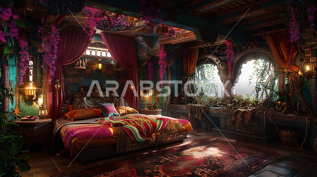 شقق ومنازل فاخرة، فن التصميم الداخلي الراقي بألوان هادئة، أثاث منزلي مزخرف في إحدى القصور في المملكة العربية السعودية، مفهوم الهدوء والراحة والأسترخاء، التصاميم والديكورات لغرف النوم الصممة على الطراز العربي القديم