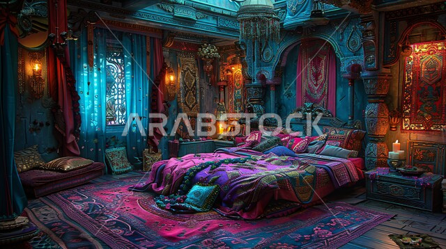 شقق ومنازل فاخرة، فن التصميم الداخلي الراقي بألوان هادئة، أثاث منزلي مزخرف في إحدى القصور في المملكة العربية السعودية، مفهوم الهدوء والراحة والأسترخاء، التصاميم والديكورات لغرف النوم الصممة على الطراز العربي القديم