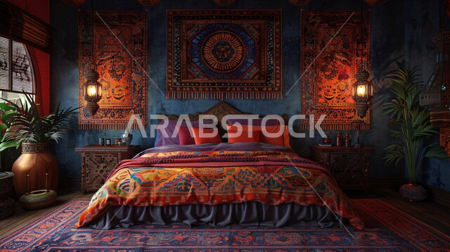 شقق ومنازل فاخرة، فن التصميم الداخلي الراقي بألوان هادئة، أثاث منزلي مزخرف في إحدى القصور في المملكة العربية السعودية، مفهوم الهدوء والراحة والأسترخاء، التصاميم والديكورات لغرف النوم الصممة على الطراز العربي القديم
