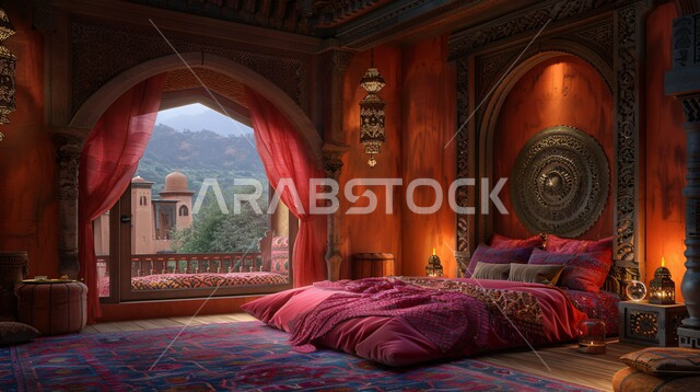  فن التصميم الداخلي الراقي بألوان هادئة، شقق ومنازل فاخرة، أثاث منزلي مزخرف في إحدى القصور في المملكة العربية السعودية، مفهوم الهدوء والراحة والأسترخاء، التصاميم والديكورات لغرف النوم الصممة على الطراز العربي القديم