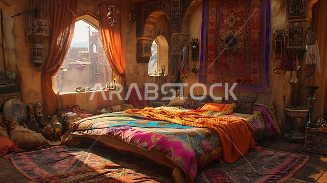  فن التصميم الداخلي الراقي بألوان هادئة، شقق ومنازل فاخرة، أثاث منزلي مزخرف في إحدى القصور في المملكة العربية السعودية، مفهوم الهدوء والراحة والأسترخاء، التصاميم والديكورات لغرف النوم الصممة على الطراز العربي القديم