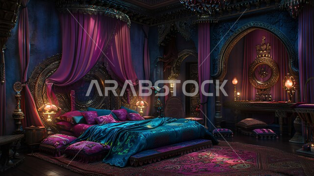  فن التصميم الداخلي الراقي بألوان هادئة، شقق ومنازل فاخرة، أثاث منزلي مزخرف في إحدى القصور في المملكة العربية السعودية، مفهوم الهدوء والراحة والأسترخاء، التصاميم والديكورات لغرف النوم الصممة على الطراز العربي القديم